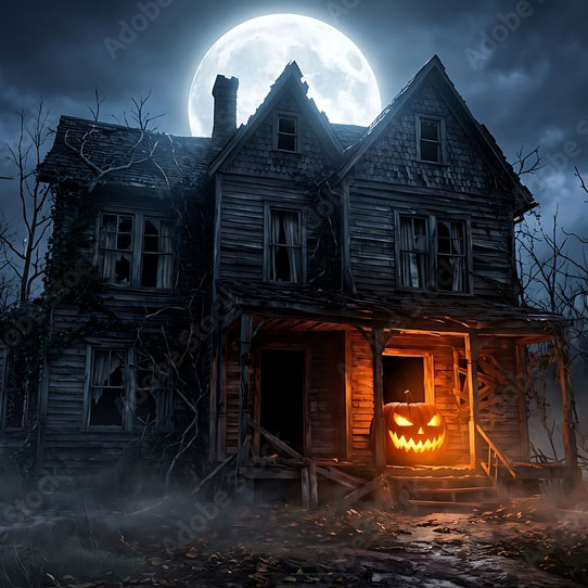 A mysterious haunted house at night