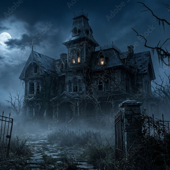 A haunted house surrounded by darkness